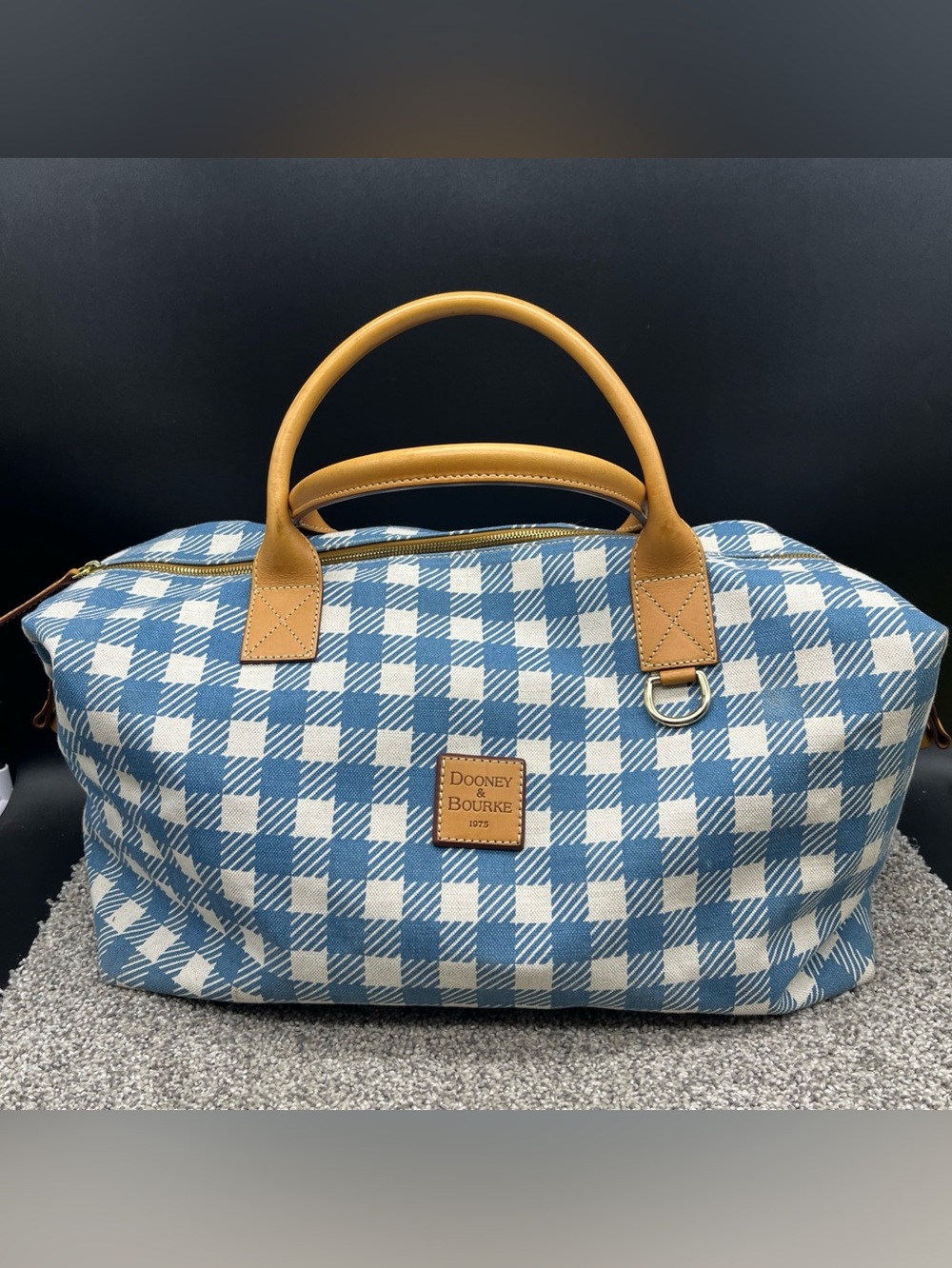 Dooney & Bourke small duffle bag Blue white gingham Canvas Leather Straps CLEAN